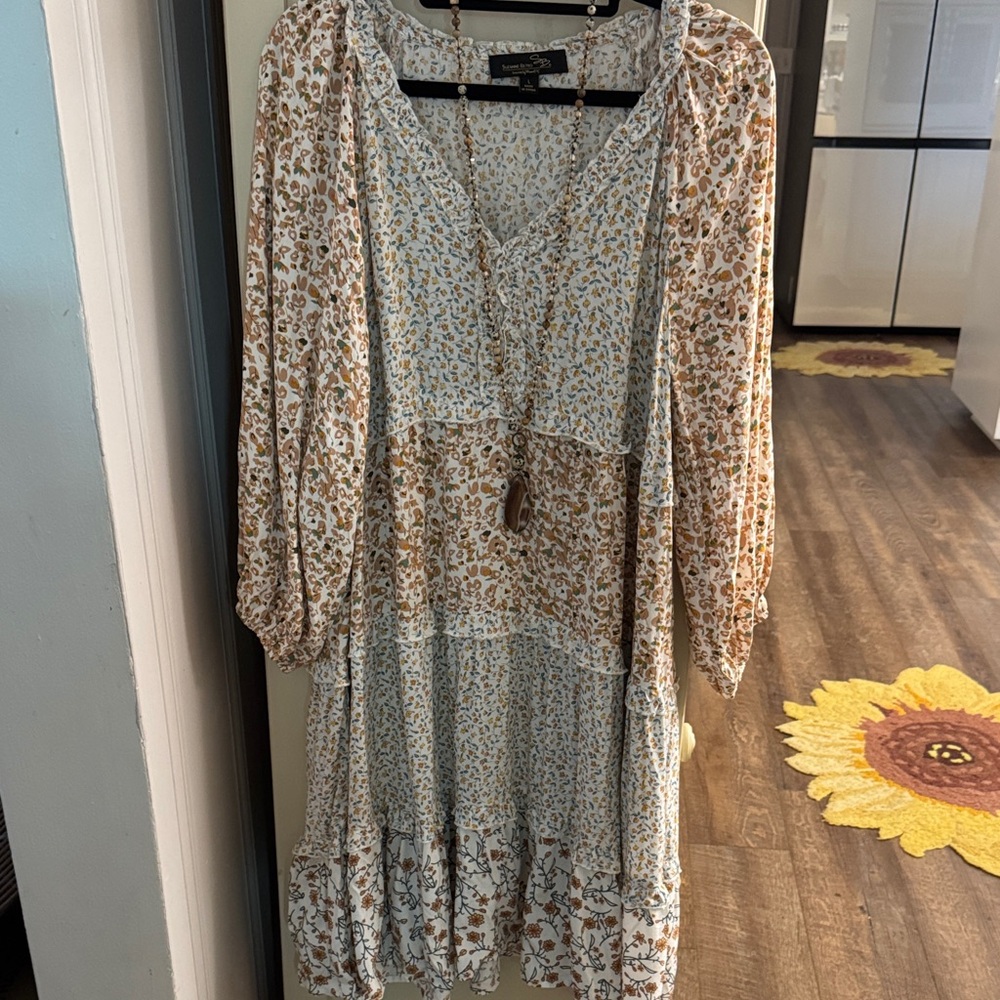 Suzanne Betro Cream and Brown Floral Midi Dress